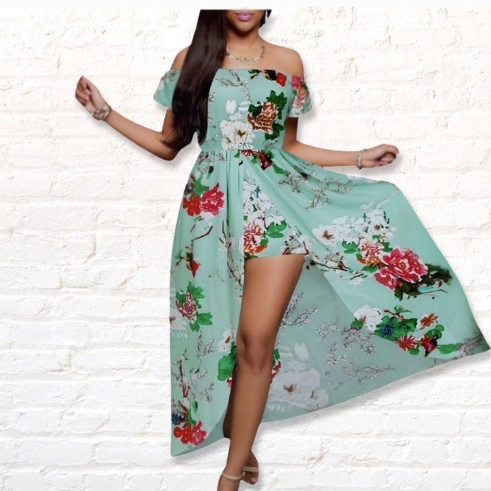 Beautiful green floral romper maxi dress - Picture 2 of 2